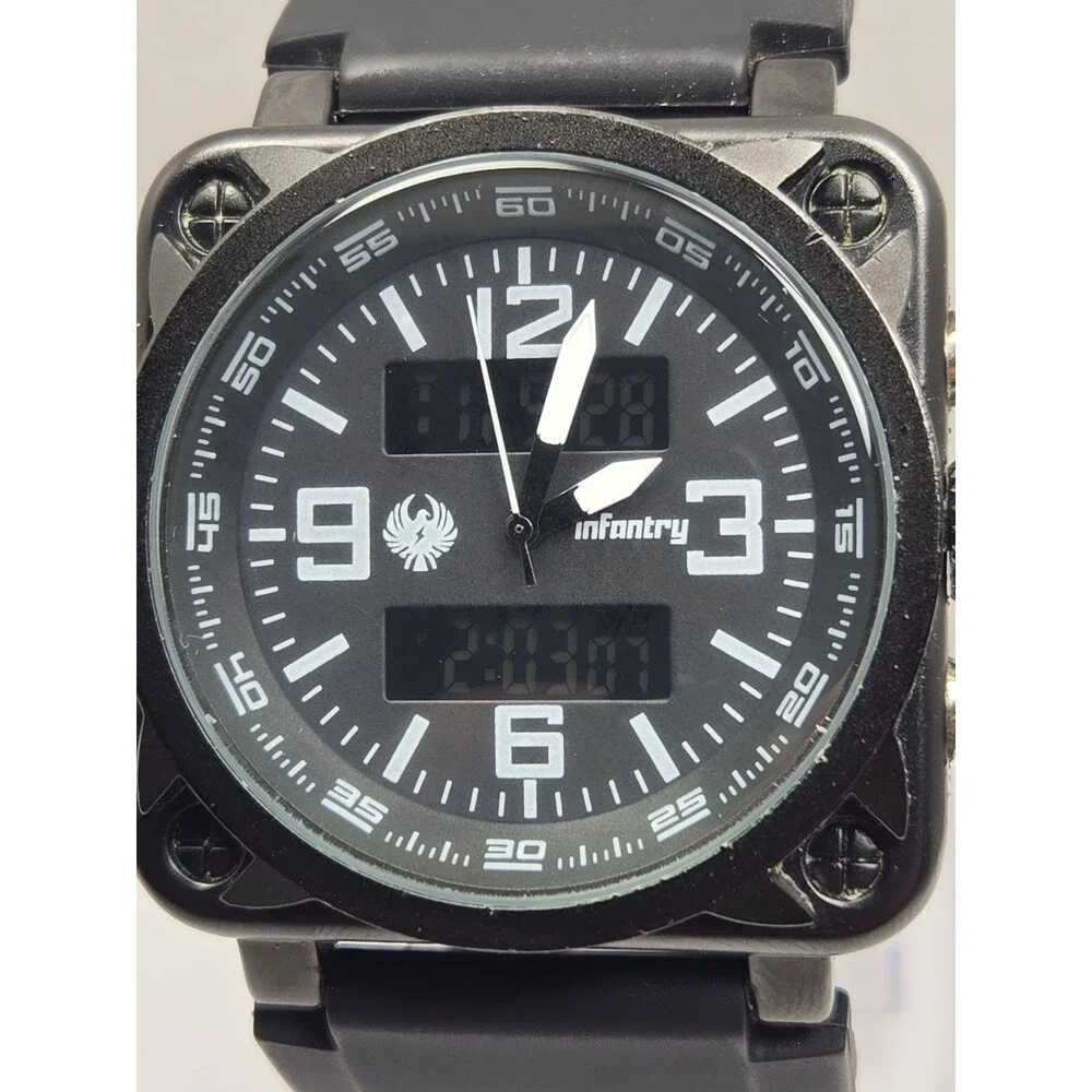 Infantry Night Stealth Ana Digi Square 46mm Mens Watch Black  Alarm New Battery